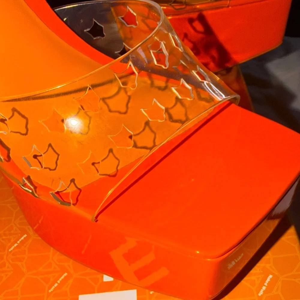 Naked Wolfe Orange Platform Mule Heels with Clear Strap